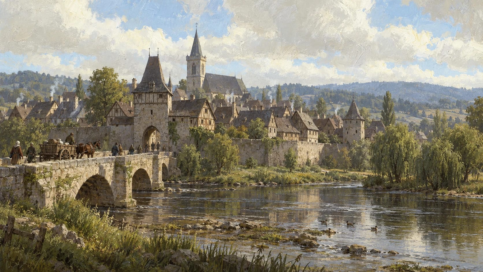 A painted stone bridge crosses a river toward the gate, timber houses, and church of a medieval Bohemian town