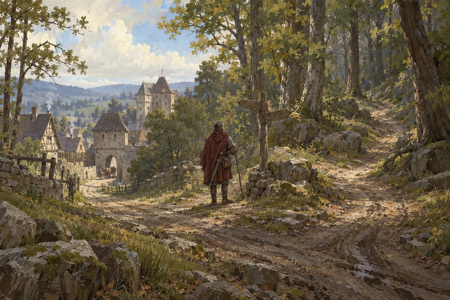 A painted traveler at a fork in a Bohemian woodland road