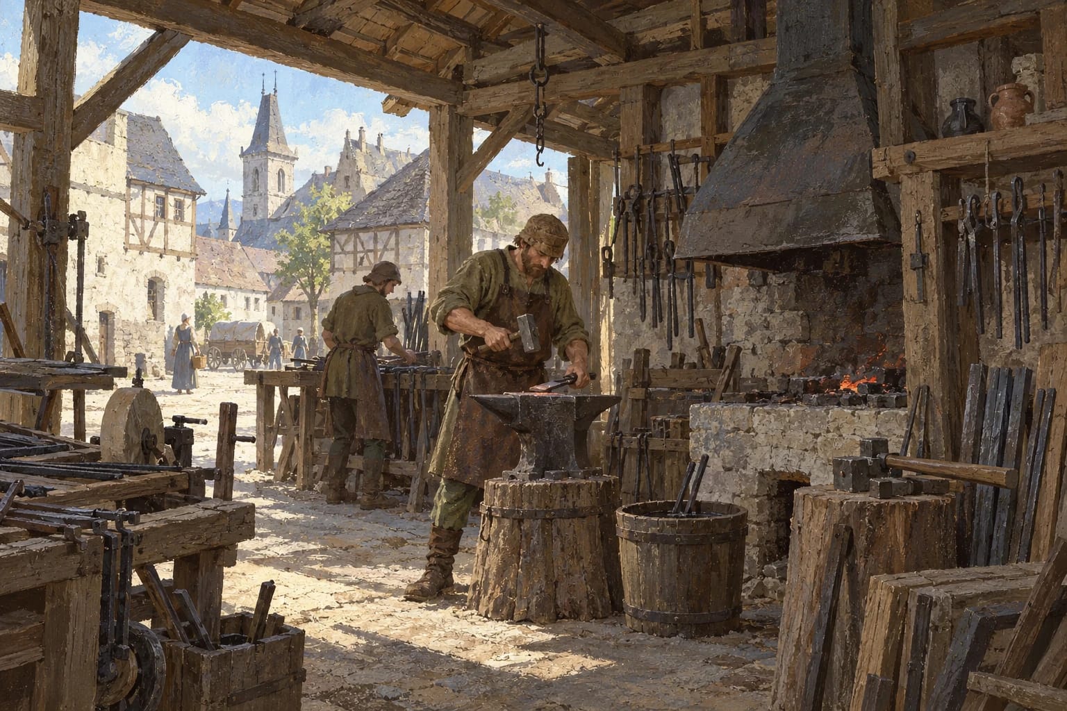 A painting of a blacksmith and his assistant working in a medieval smithy