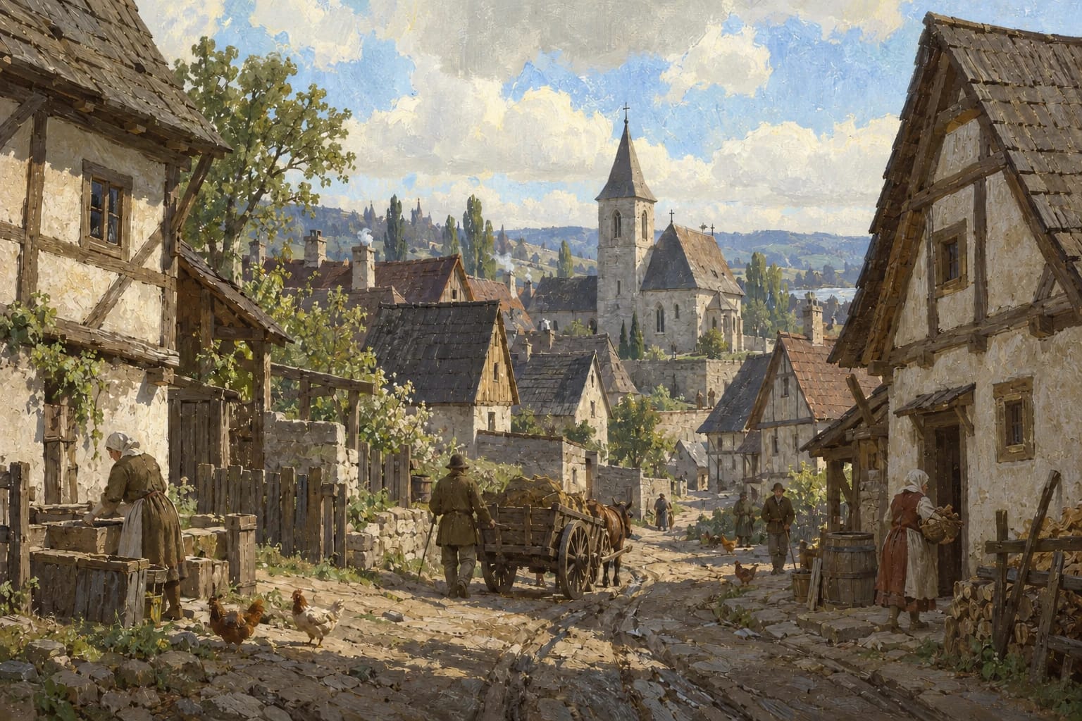 A painted village lane winding between medieval Bohemian houses toward a church